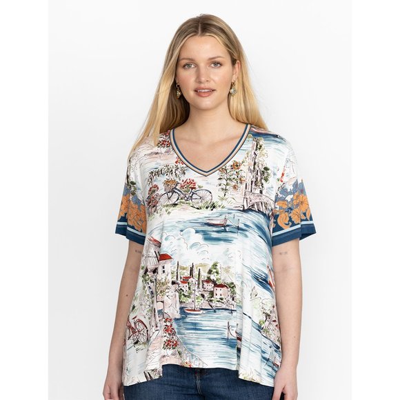 Johnny Was Vakash Janie Favorite Short Sleeve Swing Tee Shirt Top White Blue New - Picture 1 of 12